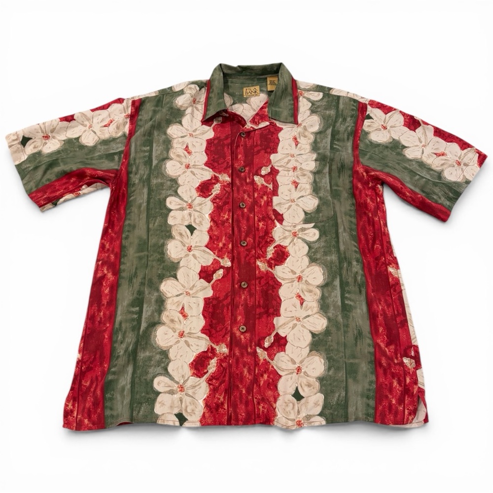 Jos A Bank Silk Hawaiian Floral Shirt Mens XL Red Green Cream Short Sleeve